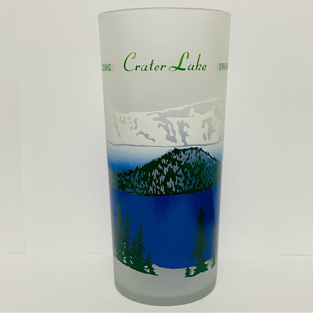 Vintage Federal Glass Frosted Drinking Glass Tumbler Scenic Crater Lake Oregon